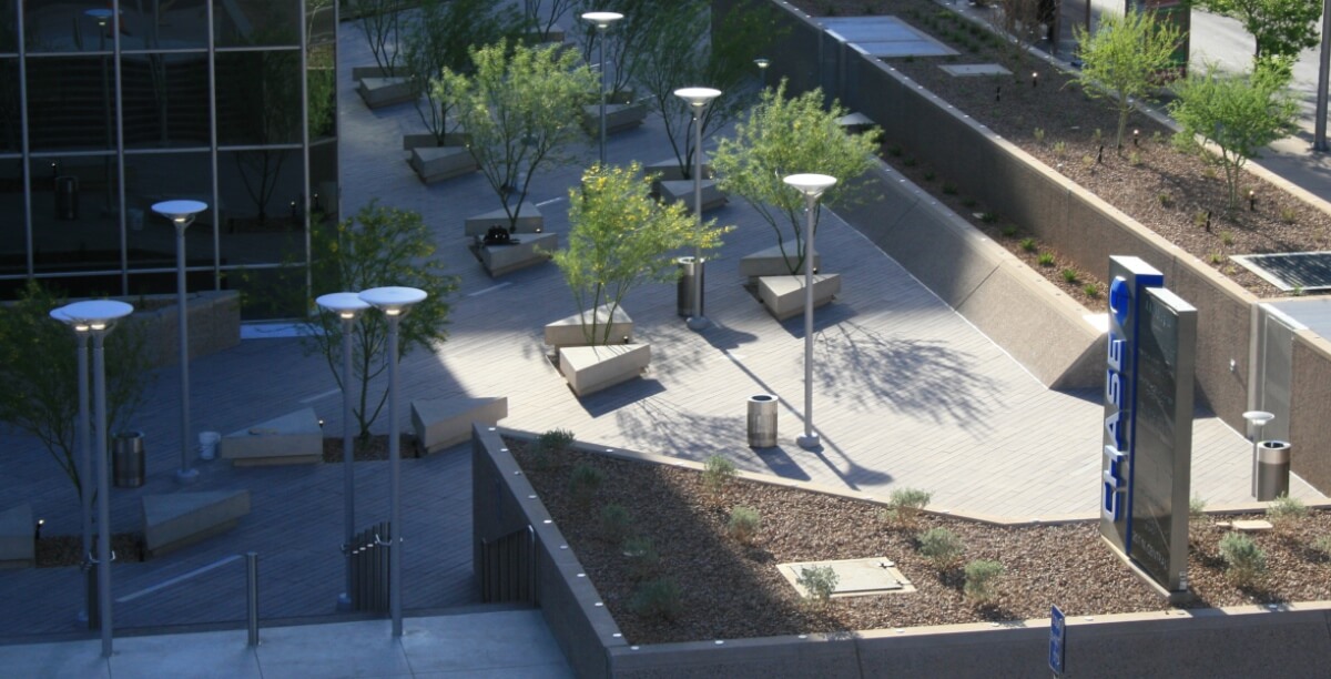 JPMC- Tower - Hardscape - exterior patio, landscaping, sitting areas, aerial view Phoenix, AZ