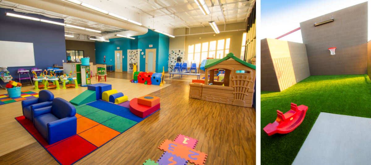 Northwest Valley Family YMCA daycare play room, exterior playground, turf, El Mirage, AZ